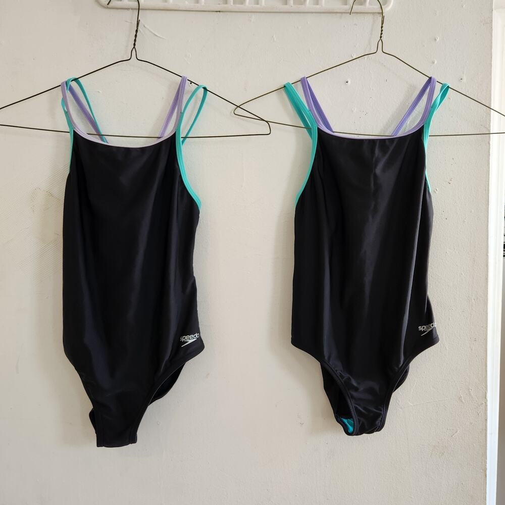 Speedo Girls Swimsuit 12 Pro Multi Black One-Piece Cross Back Sport Lot Of 2